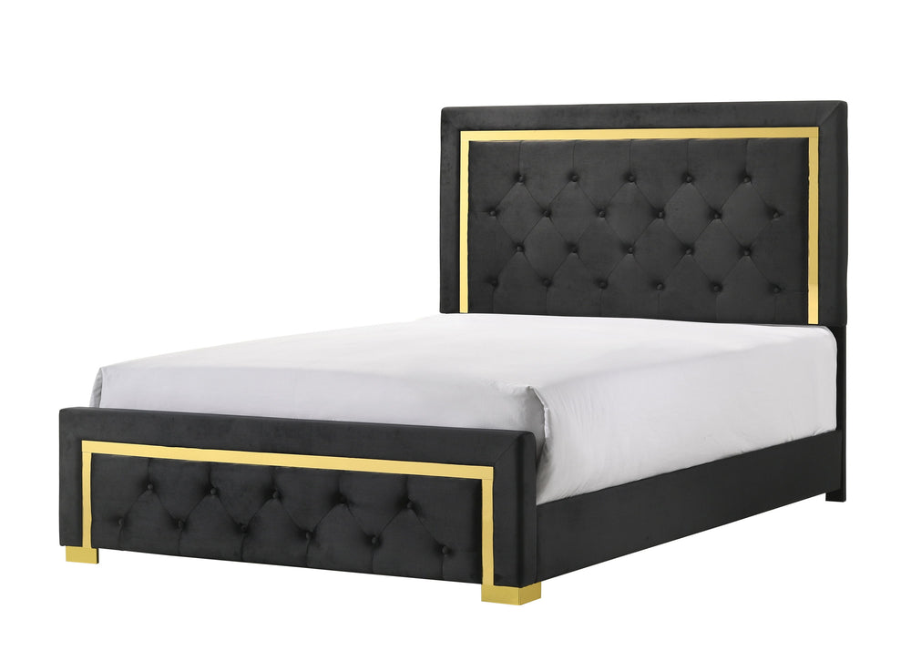 This bedroom collection offers a sophisticated palette of black and gold, presenting a refined look that-'s both modern and timeless. The bed anchors the set with its plush, button-tufted headboard framed by a bold, gold accent trim, creating a luxurious 