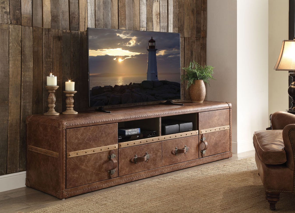 The Aberdeen TV stand was designed to blend easily your stylish decor, the best option for enhancing your visual experience. Carefully crafted in retro brown top grain leather finish, its storage feature offers plenty of space to keep your entertainment c