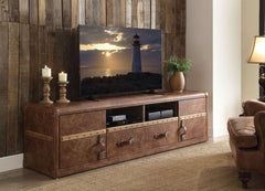 The Aberdeen TV stand was designed to blend easily your stylish decor, the best option for enhancing your visual experience. Carefully crafted in retro brown top grain leather finish, its storage feature offers plenty of space to keep your entertainment c