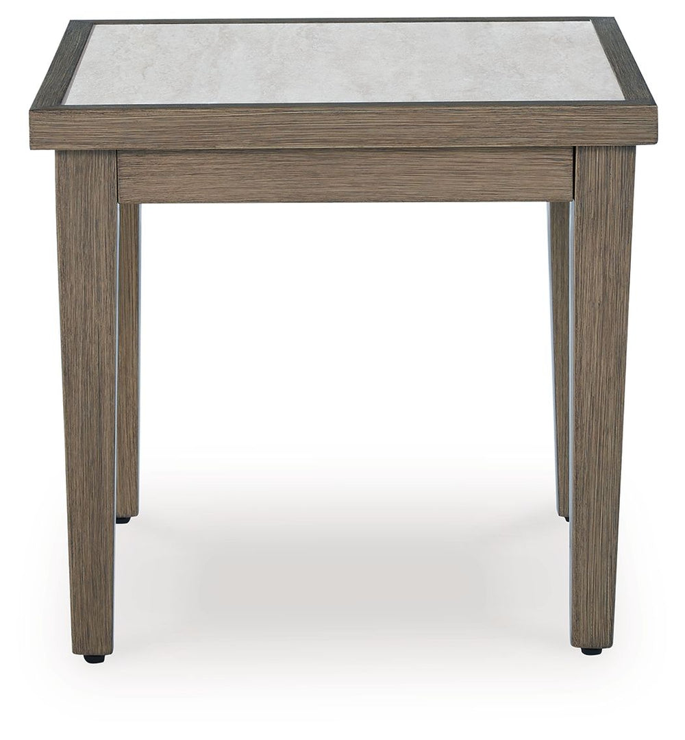 Experience the perfect combination of durability and style with this outdoor end table. An aluminum frame with a wood-look finish maintains a sleek, contemporary aesthetic, while the sintered stone tabletop adds an element of natural elegance. This deligh