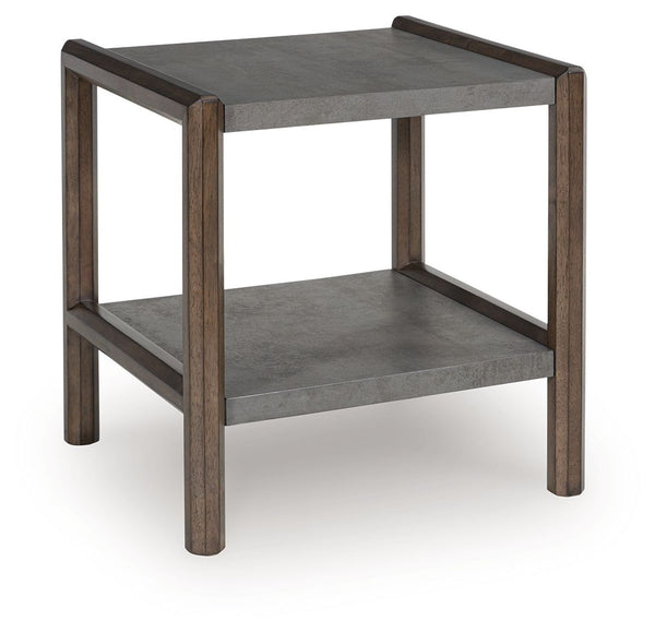 Master the art of mixed-material design with this end table. Sporting an urban vibe, its faux cement lends an industrial edge to the contrasting dark brown finish. For a functional touch, a lower shelf showcases your decor in style. Detailed mouldings on 