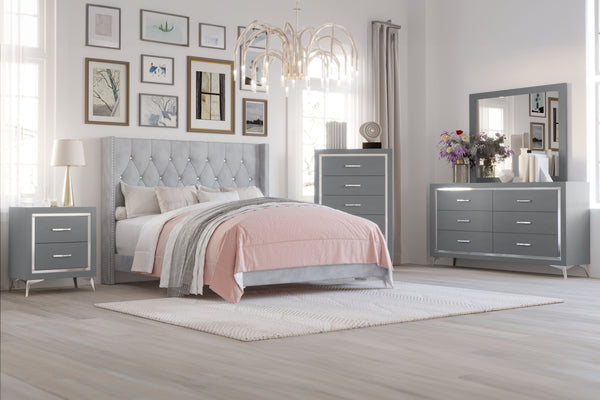 The Huxley 5-Piece Bedroom Set in Gray combines contemporary glam with durable craftsmanship for a stylish and functional bedroom. This set includes an upholstered bed with headboard, footboard, two side rails, and slat kit, along with a 6-drawer dresser,