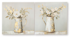 A perfect pair. This wall art set inspires in casual spaces thanks to its unpretentious character. Depicted in beautifully muted hues, the images of florals in vintage-inspired pitchers have a delicate, charming vibe. Such a welcoming addition to your dec