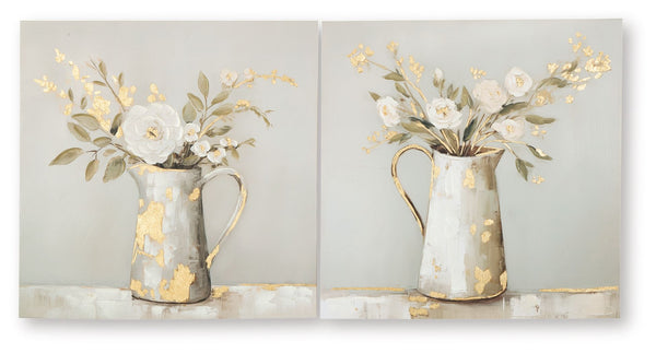 A perfect pair. This wall art set inspires in casual spaces thanks to its unpretentious character. Depicted in beautifully muted hues, the images of florals in vintage-inspired pitchers have a delicate, charming vibe. Such a welcoming addition to your dec