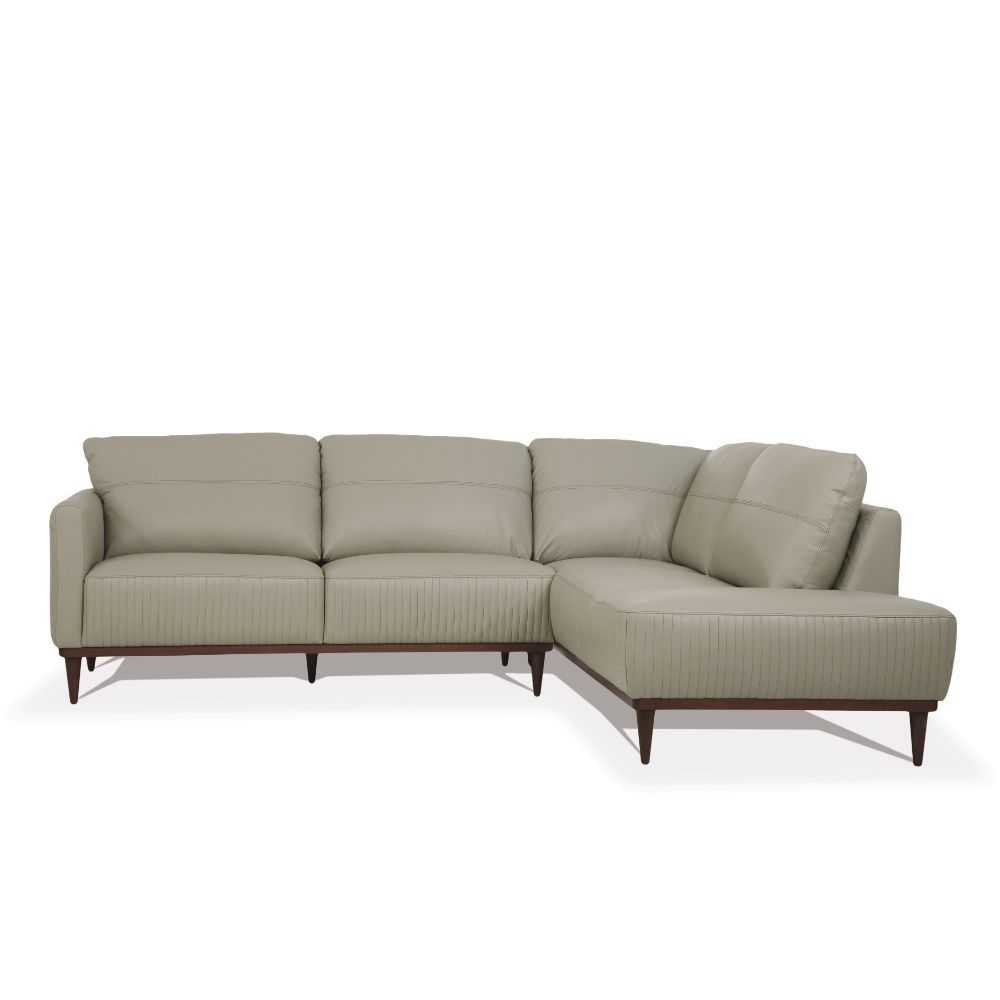 Featuring an attractive contemporary design and plush seating for luxurious comfort, the Tampa sectional sofa is one youâ€™ll want to spend lots of time in. This beautiful pearl gray or airy green leather sofa features contrast stitching and unique wooden