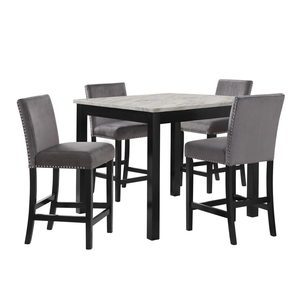 The Celeste 5-Piece Counter Height Dining Set is a perfect blend of contemporary glamour and timeless functionality. This set includes a 42-inch square counter height dining table with an espresso base and a faux marble top featuring white with gray veini
