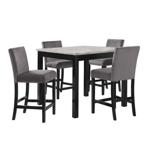 The Celeste 5-Piece Counter Height Dining Set is a perfect blend of contemporary glamour and timeless functionality. This set includes a 42-inch square counter height dining table with an espresso base and a faux marble top featuring white with gray veini
