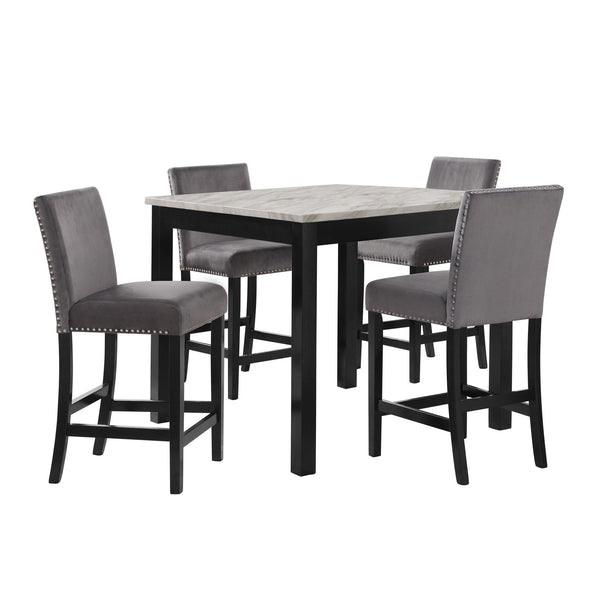 The Celeste 5-Piece Counter Height Dining Set is a perfect blend of contemporary glamour and timeless functionality. This set includes a 42-inch square counter height dining table with an espresso base and a faux marble top featuring white with gray veini