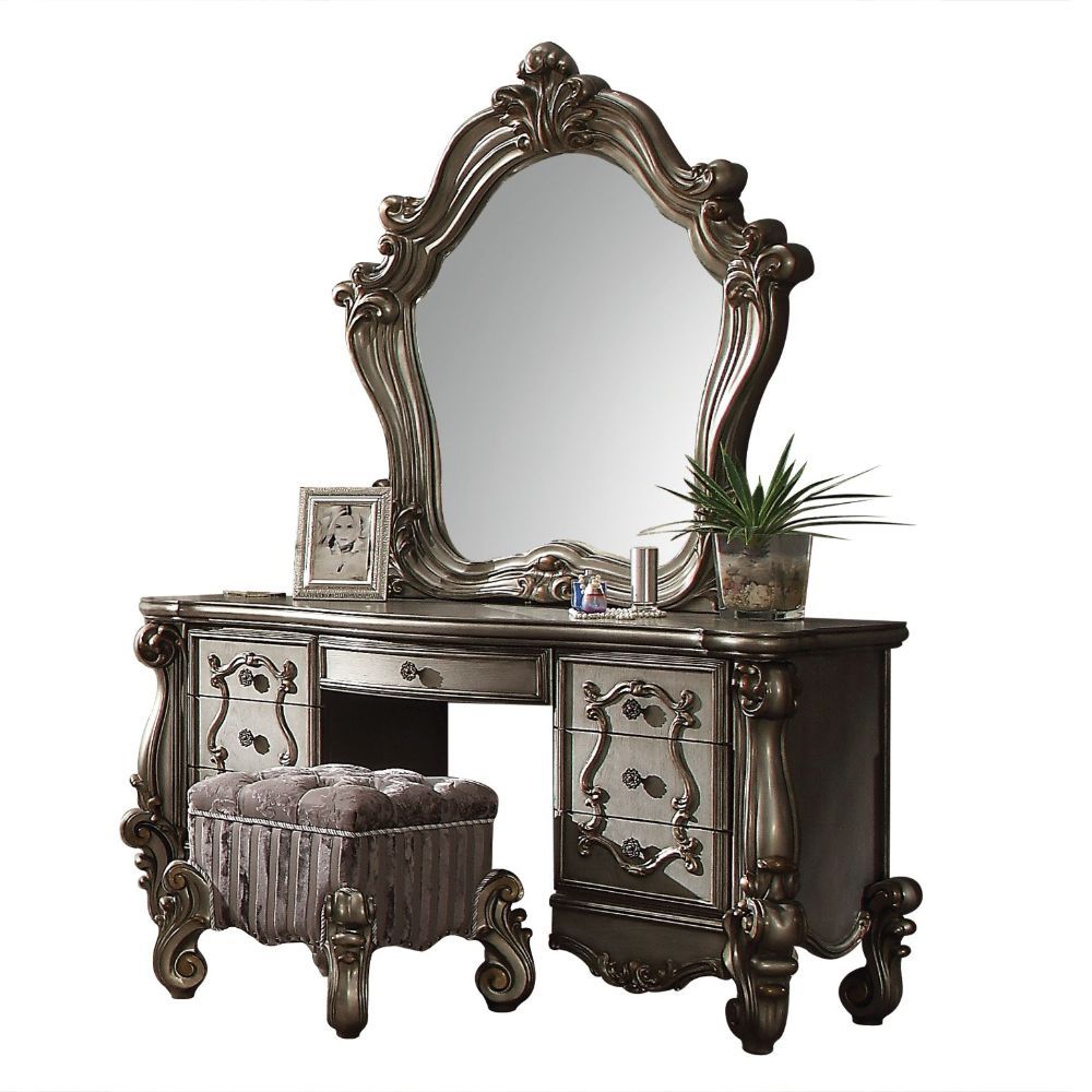 7 Drw Drawer: GLIDE Side Metal (3 Ball Bearing, Full Ext.), DOVETAIL English Back, Felt-Lined All Drawers, Hdw: Metal Oversized Scrolled Leg, Base (Front Drawer w/Raised Motifs): Poly Resin with Antique Contrast Finish<br/><br/><b>Product Features</b><ul>