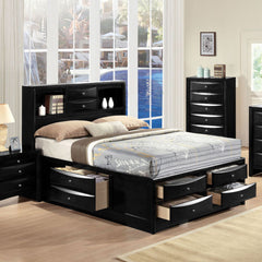 The Ireland transitional bedroom collection features multi-drawer platform bed with shaped drawer front and brushed nickel hardware. Nightstand with pull-out tray gives you convenience and creative fun life. With available finishes in espresso, black, whi