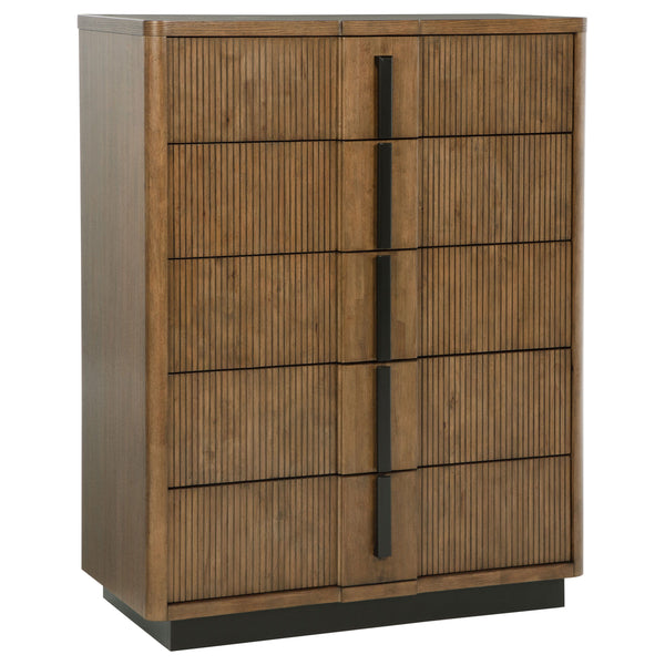 Dark vertical pulls and a matching recessed base create eye-catching dimension and depth for a modern wooden chest of drawers. Its roomy interior storage, in five drawers, is ideal for clothing, linens, and accessories. Its roomy top adds a space for styl