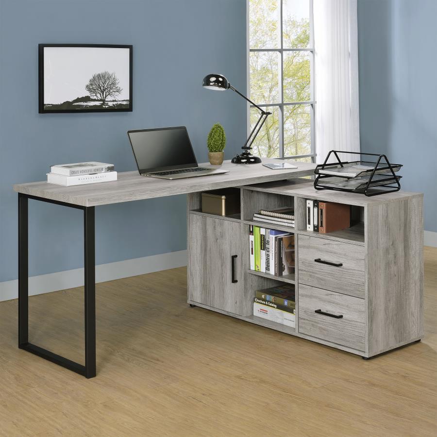 You-'re bound to win the prize for the most organized workspace with this office desk. Its rustic design is enhanced with a sleek geometric style frame. The open design provides a clean and airy appearance. Five open shelves are perfect for displaying dec