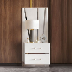 The Europa set of two Nightstands with decorative back panels combine modern elegance with practical design. The sophisticated look is achieved through a gleaming white finish, mylar accents, and acrylic drawer pulls. Quality craftsmanship is evident in t