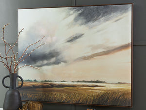  this wall art invites you to admire the expansive beauty of nature. Its landscape design transports you to a field of rolling grain with the sky stretching out above. Hand-painted embellishments provide 