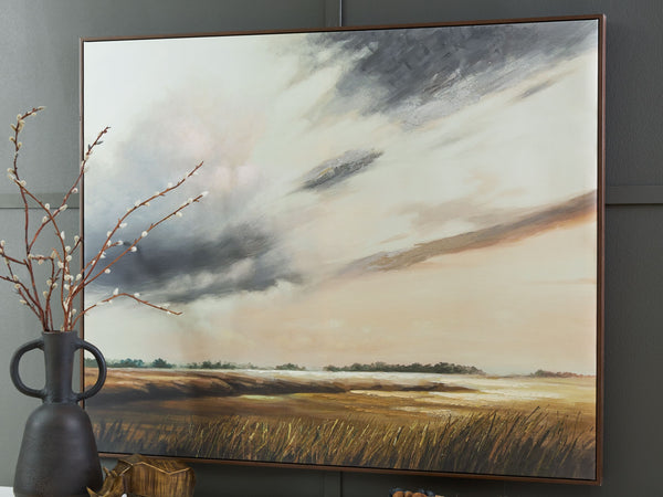  this wall art invites you to admire the expansive beauty of nature. Its landscape design transports you to a field of rolling grain with the sky stretching out above. Hand-painted embellishments provide 