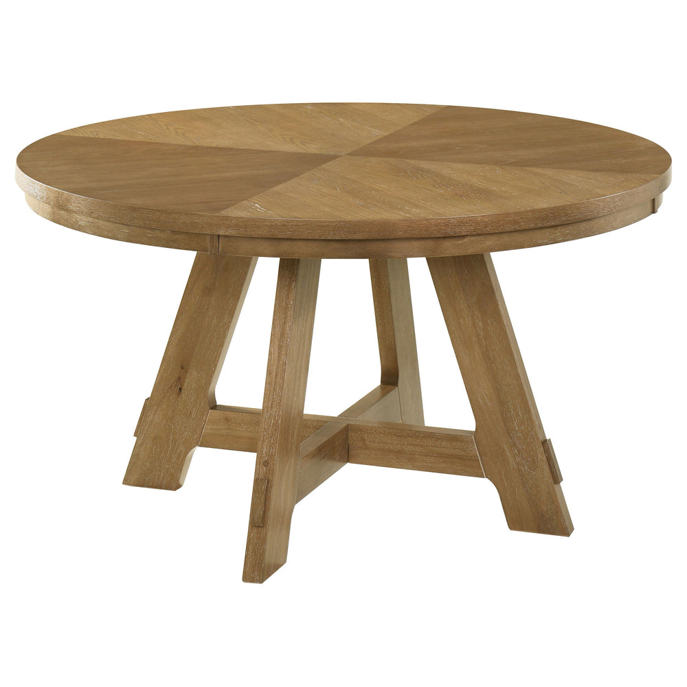 Versatile size and a timeless oak wood finish create a stylish pairing for this modern farmhouse round dining table. Its casual character is enhanced with a wedge veneer tabletop that creates a starburst effect, adding dimension and character to your kitc