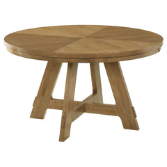Versatile size and a timeless oak wood finish create a stylish pairing for this modern farmhouse round dining table. Its casual character is enhanced with a wedge veneer tabletop that creates a starburst effect, adding dimension and character to your kitc