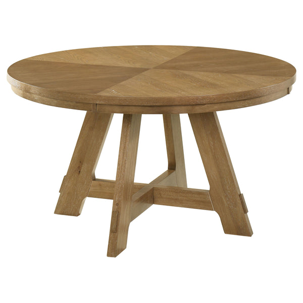 Versatile size and a timeless oak wood finish create a stylish pairing for this modern farmhouse round dining table. Its casual character is enhanced with a wedge veneer tabletop that creates a starburst effect, adding dimension and character to your kitc
