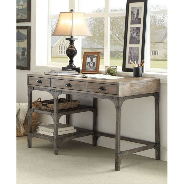 The Gorden Desk versatility and style will blend masterfully in your home office. The storage feature includes three top drawers and two shelves to keep organized your office supplies. Carefully constructed from selected wood and veneers in Weathered Oak 