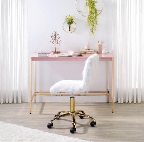 Rectangular Writing Desk No Storage Wooden Top: Pink Finish Metal Base: Gold Finish (Open Base)<br/><br/><b>Product Features</b><ul><li>Rectangular Writing Desk</li><li>No Storage</li><li>Wooden Top: Pink Finish</li><li>Metal Base: Gold Finish (Open Base)