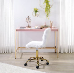 Rectangular Writing Desk No Storage Wooden Top: Pink Finish Metal Base: Gold Finish (Open Base)<br/><br/><b>Product Features</b><ul><li>Rectangular Writing Desk</li><li>No Storage</li><li>Wooden Top: Pink Finish</li><li>Metal Base: Gold Finish (Open Base)