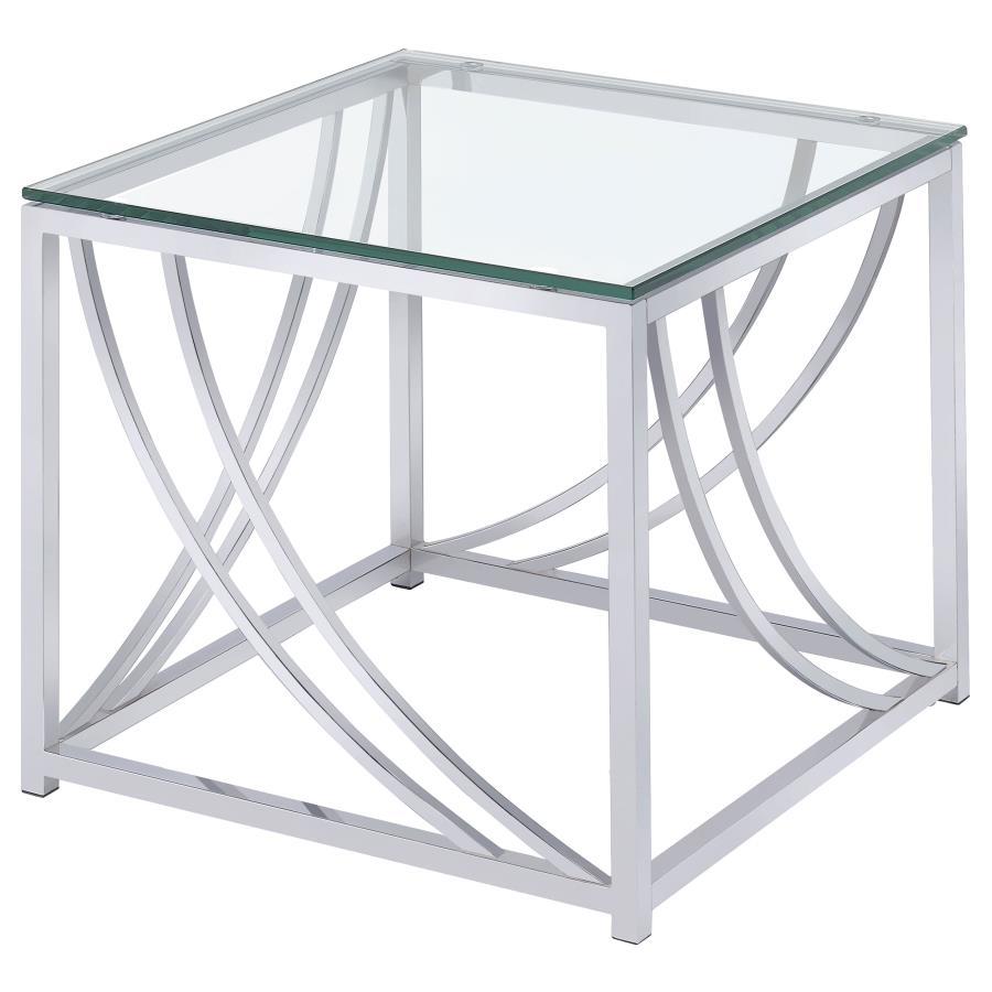 This square end table combines modern design with practical functionality, featuring a clear tempered glass top and a sleek metal frame finished in electroplated polished chrome. The gracefully curved metal accents enhance its contemporary style while add