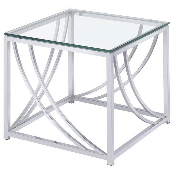 This square end table combines modern design with practical functionality, featuring a clear tempered glass top and a sleek metal frame finished in electroplated polished chrome. The gracefully curved metal accents enhance its contemporary style while add