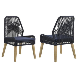 Create a nautical-inspired space with this pair of contemporary dining chairs. With a frame constructed of a sturdy solid mahogany wood, and tapered flared legs in a weathered finish, these transitional style dining chairs are perfectly suited for anythin