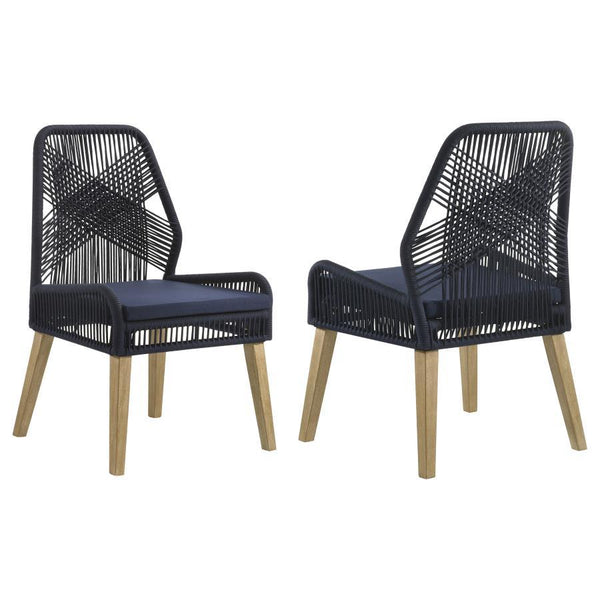 Create a nautical-inspired space with this pair of contemporary dining chairs. With a frame constructed of a sturdy solid mahogany wood, and tapered flared legs in a weathered finish, these transitional style dining chairs are perfectly suited for anythin