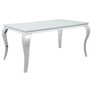 This dining table brings modern elegance with a dramatic twist. Its tempered glass top offers a sleek and durable surface, supported by a sculptural stainless steel base. Queen Anne cabriole legs lend classic flair, while the electroplated chrome finish d
