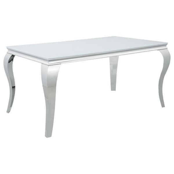 This dining table brings modern elegance with a dramatic twist. Its tempered glass top offers a sleek and durable surface, supported by a sculptural stainless steel base. Queen Anne cabriole legs lend classic flair, while the electroplated chrome finish d
