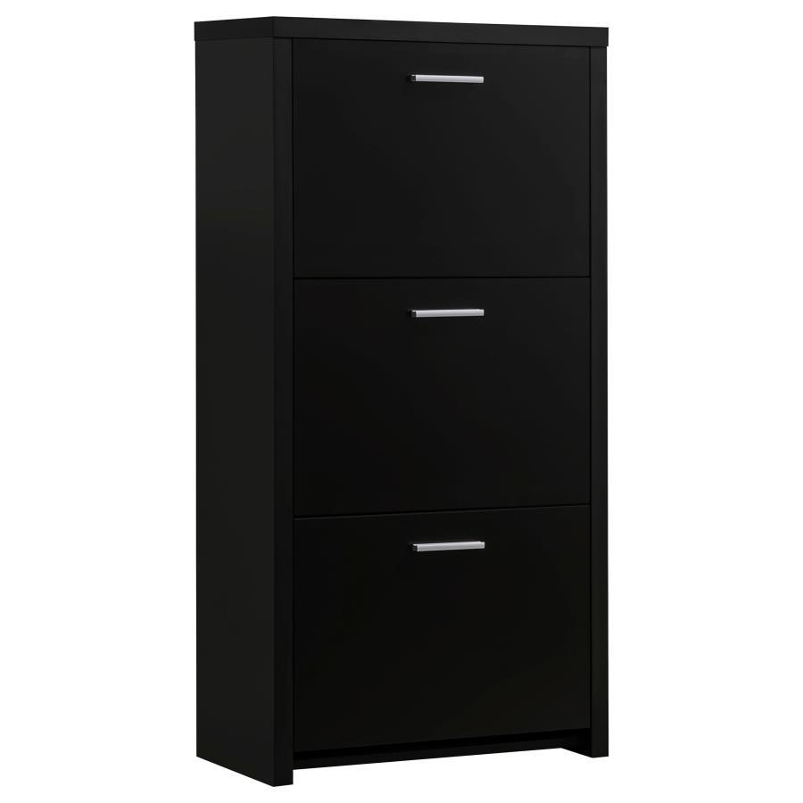 This modern shoe cabinet features a sleek black finish and a space-saving design ideal for compact entryways or closets. Constructed from engineered wood with a scratch-resistant and eco-friendly laminate veneer, it includes three flip-down compartments, 