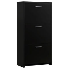 This modern shoe cabinet features a sleek black finish and a space-saving design ideal for compact entryways or closets. Constructed from engineered wood with a scratch-resistant and eco-friendly laminate veneer, it includes three flip-down compartments, 