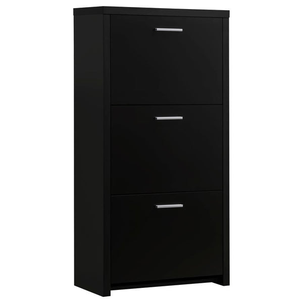 This modern shoe cabinet features a sleek black finish and a space-saving design ideal for compact entryways or closets. Constructed from engineered wood with a scratch-resistant and eco-friendly laminate veneer, it includes three flip-down compartments, 
