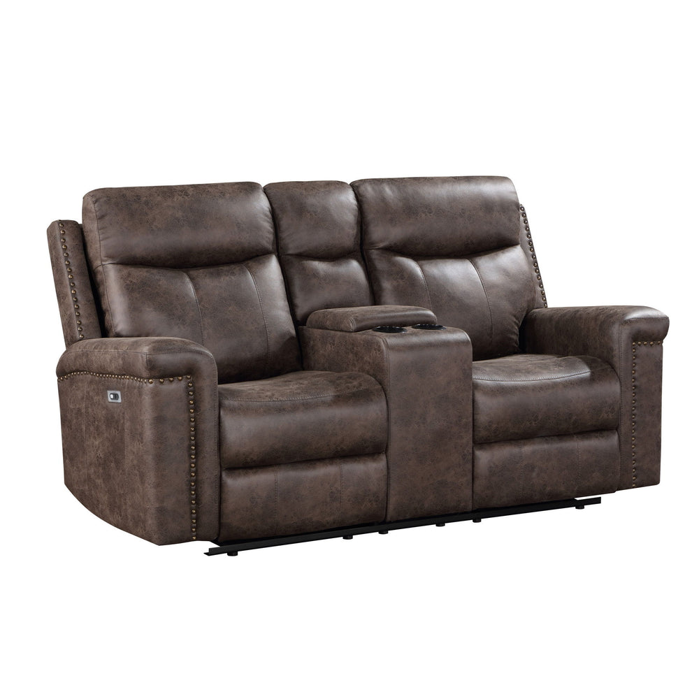 The Quade Power Dual Reclining Console Loveseat in mocha brown combines durability, comfort, and modern convenience. Built on a sturdy frame of premium hardwood, plywood, and engineered wood, this loveseat is designed to provide long-lasting support. The 