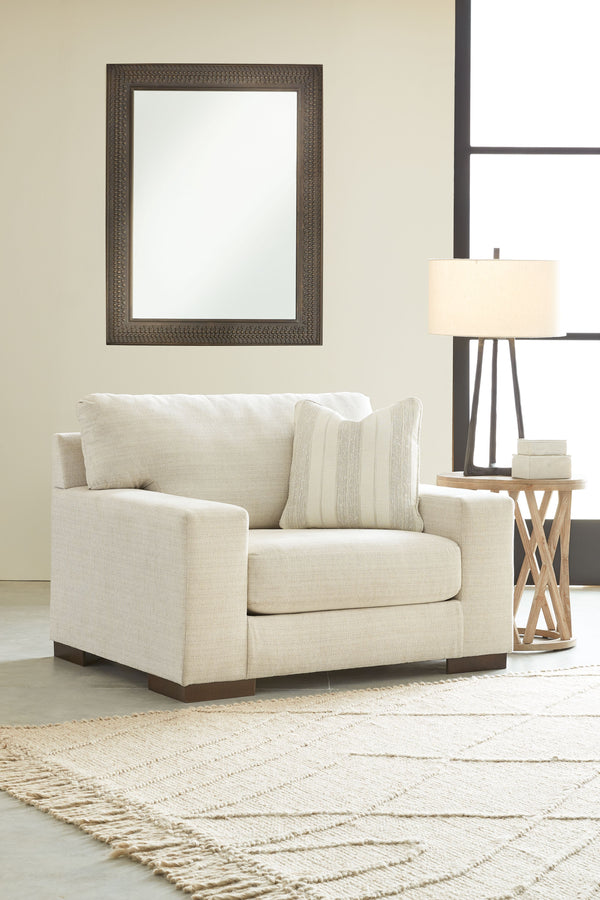  turn to this designer chair and ottoman. Wind down at the end of a long day when you sink into this canyon of comfort. <h4><b>Maggie - Birch - Chair and a Half</b></h4> <table width=-"100%-"><colgroup><col style=-"width: 30
