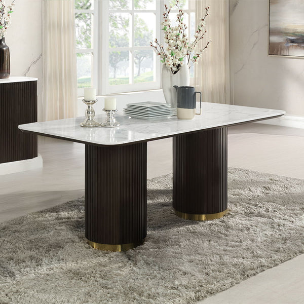 Clayten collection exudes elegance with its rectangular dining table featuring a fixed white marble top and double pedestal base with metal trim. Paired with upholstered chairs and a server with metal legs, this set blends sophistication and contemporary 