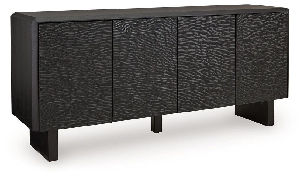 Function and style merge perfectly with this accent cabinet. Crafted of solid wood in a black finish, this piece makes a great case for fresh contemporary design. Doors with a carved pattern open to reveal shelving, while beveled edges add a distinctive t