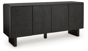 Function and style merge perfectly with this accent cabinet. Crafted of solid wood in a black finish, this piece makes a great case for fresh contemporary design. Doors with a carved pattern open to reveal shelving, while beveled edges add a distinctive t