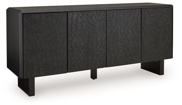 Function and style merge perfectly with this accent cabinet. Crafted of solid wood in a black finish, this piece makes a great case for fresh contemporary design. Doors with a carved pattern open to reveal shelving, while beveled edges add a distinctive t