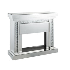 Assambled, Rectangular Fireplace Beveled Mirrored Finish, Clear Glass with Faux Crystal Inlay (Back Unfinished) Orientation: Free Standing NO Storage Specifications: Electric Fireplace (LED), BTU Output: 4777 BTU-'s, Heating Area: 400 sq ft Touch Control 