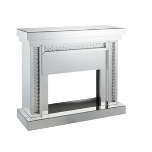 Assambled, Rectangular Fireplace Beveled Mirrored Finish, Clear Glass with Faux Crystal Inlay (Back Unfinished) Orientation: Free Standing NO Storage Specifications: Electric Fireplace (LED), BTU Output: 4777 BTU-'s, Heating Area: 400 sq ft Touch Control 