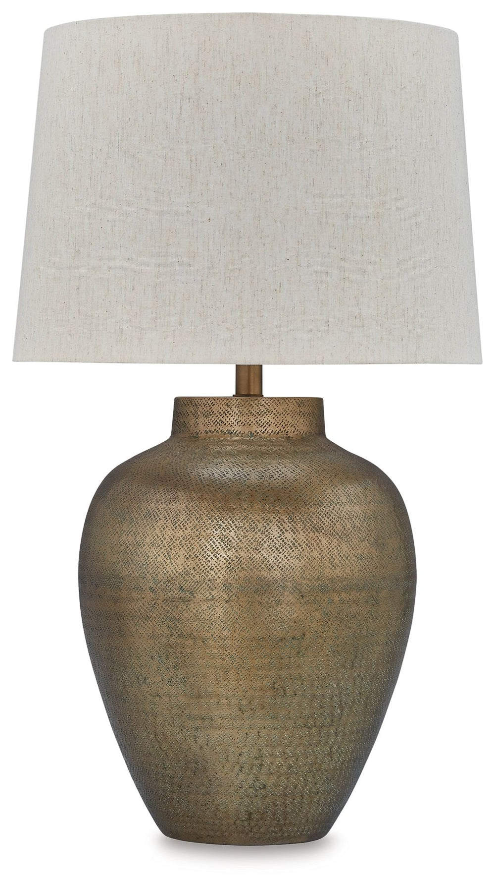 Stay on trend with lighting that exudes artisan refinement. Crafted from hammered aluminum with a goldtone patina finish, this table lamp fills a room with well-lit splendor. Simple in shape, it adds striking texture to your home.<br><br><b>Additional Dim