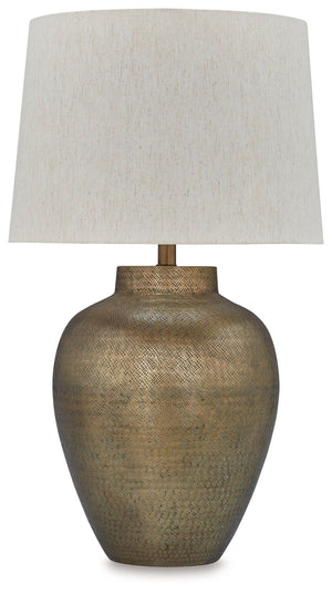 Stay on trend with lighting that exudes artisan refinement. Crafted from hammered aluminum with a goldtone patina finish, this table lamp fills a room with well-lit splendor. Simple in shape, it adds striking texture to your home.<br><br><b>Additional Dim