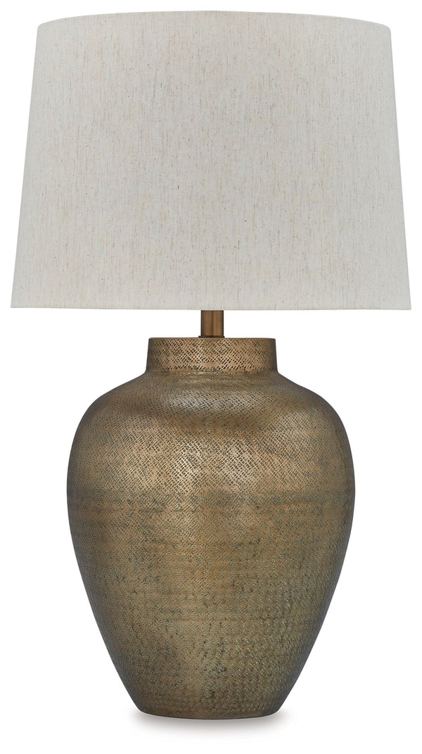 Stay on trend with lighting that exudes artisan refinement. Crafted from hammered aluminum with a goldtone patina finish, this table lamp fills a room with well-lit splendor. Simple in shape, it adds striking texture to your home.<br><br><b>Additional Dim