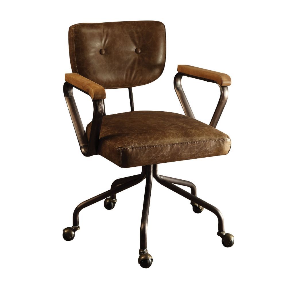Our durable Hallie office chair gets its industrial look from oversized button tufted back and vintage top grain leather. The 5-star swivel base fitted with casters, it keeps you moving from one task to the next. Some Assembly Required.<br/><br/><b>Produc