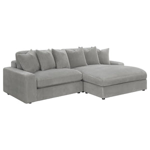 Add a retro-inspired look to your contemporary bedroom with this modern reversible sectional sofa, upholstered in a vintage-like wide corduroy performance fabric that offers a soft texture and an elegant fog tone. Each of the two pieces are appointed with