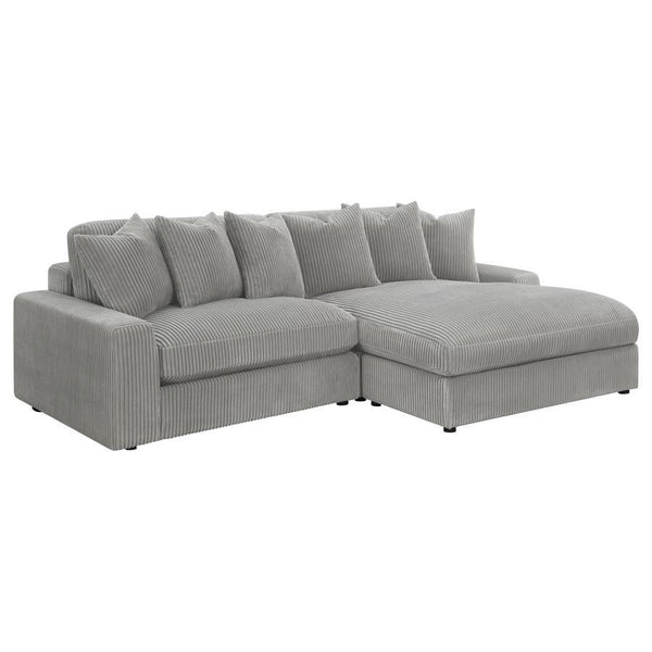 Add a retro-inspired look to your contemporary bedroom with this modern reversible sectional sofa, upholstered in a vintage-like wide corduroy performance fabric that offers a soft texture and an elegant fog tone. Each of the two pieces are appointed with