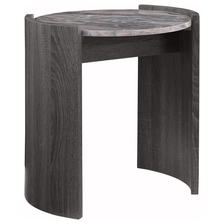 This 18-inch end table retains the same modern appeal in a compact form. Its grey marble scratch-resistant and eco-friendly laminate veneer top pairs with a distressed grey scratch-resistant and eco-friendly laminate veneer frame, all supported by enginee