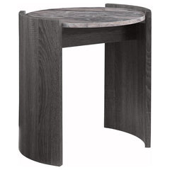 This 18-inch end table retains the same modern appeal in a compact form. Its grey marble scratch-resistant and eco-friendly laminate veneer top pairs with a distressed grey scratch-resistant and eco-friendly laminate veneer frame, all supported by enginee